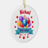 第1ベビーの誕生日のお祝いのカラフルの気球V10IZ セラミックオーナメント (右)