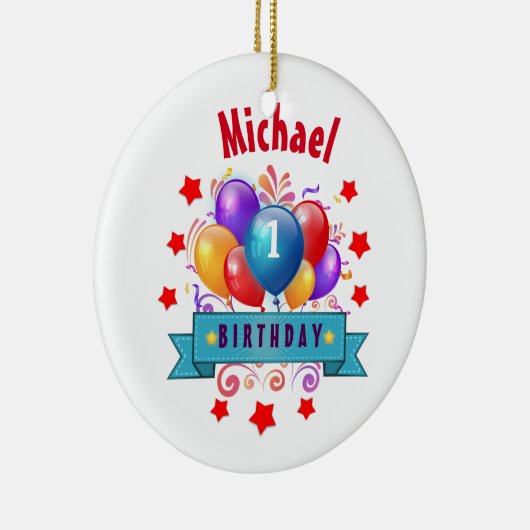 第1ベビーの誕生日のお祝いのカラフルの気球V10IZ セラミックオーナメント (右)