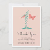 第1ベビーガールピンクバタフライフローラサンキューカード (正面)