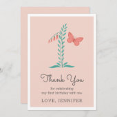 第1ベビーガールピンクバタフライフローラサンキューカード (正面/裏面)