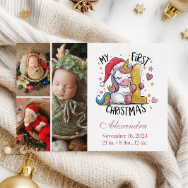 第1ベビークリスマス3フォトピンク金ゴールドユニコーン シーズンカード