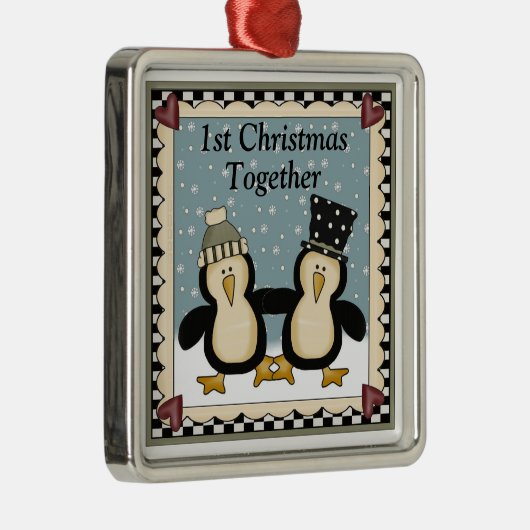 第1一緒のクリスマスのペンギンのギフト メタルオーナメント (右)