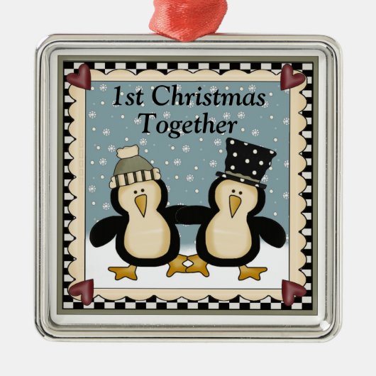 第1一緒のクリスマスのペンギンのギフト メタルオーナメント (正面)