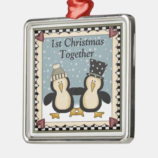 第1一緒のクリスマスのペンギンのギフト メタルオーナメント (左)