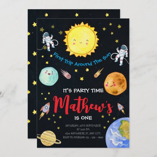 第1回のまわりに日宇宙第1回誕生日 招待状 (正面/裏面)