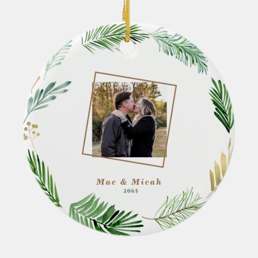 第1回のクリスマス結婚した額写真クリスマス セラミックオーナメント (裏面)