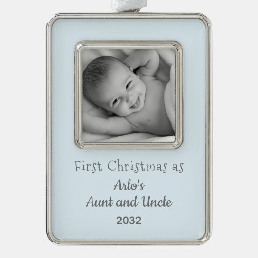 第1回クリスマスおばさん甥の名写真 シルバープレートフレームオーナメント (正面)