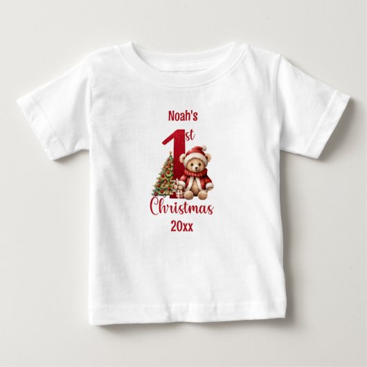 第1回クリスマスかわいいテディベアのクリスマスツリー ベビーTシャツ (正面)