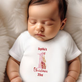 第1回クリスマスかわいいバニーピンク赤の名前女の子 ベビーTシャツ