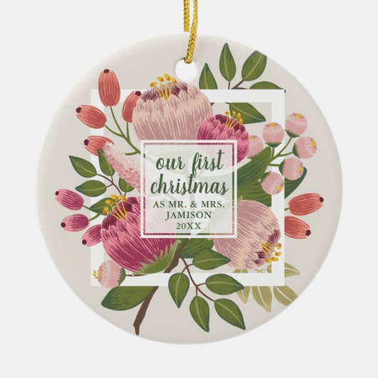 第1回クリスマスのボホさんパーソナライズされた花模様 セラミックオーナメント (正面)