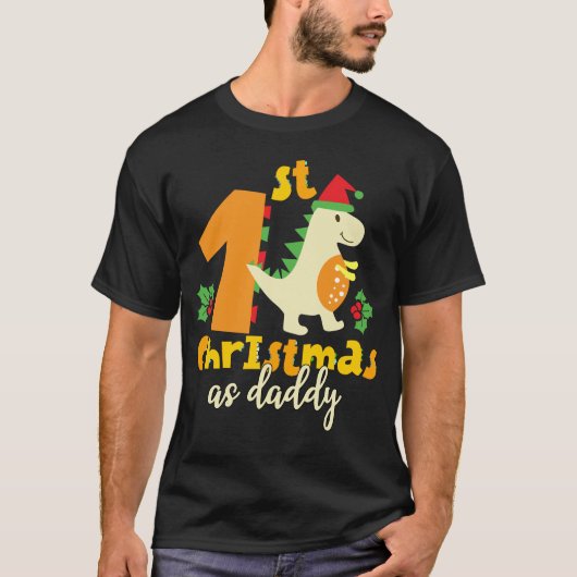 第1回クリスマスをパパクリスマスとして可愛い恐竜 Tシャツ (正面)