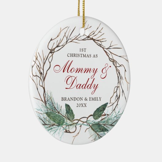 第1回クリスマスをモミパパとしてパーソナライズされたリース セラミックオーナメント (右)
