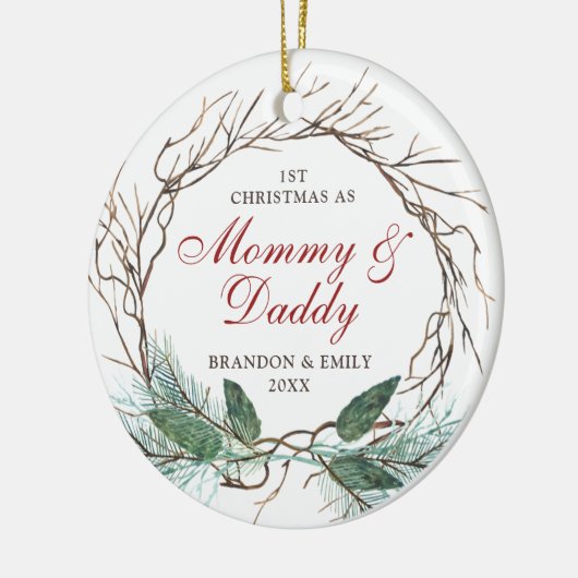 第1回クリスマスをモミパパとしてパーソナライズされたリース セラミックオーナメント (左)