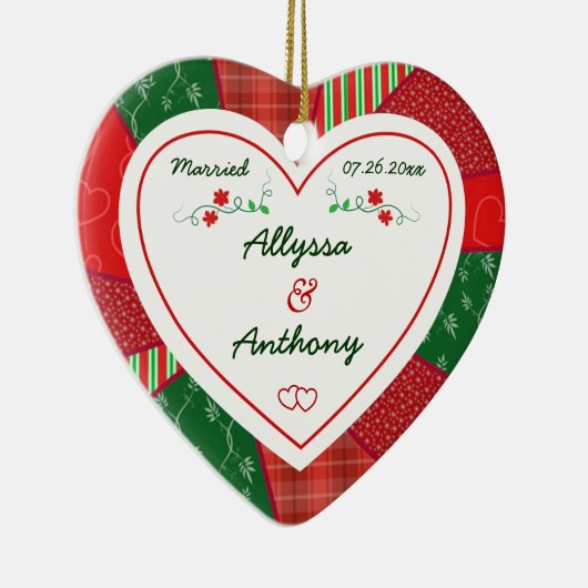 第1回クリスマスカップル結婚したキルトパターンギフト セラミックオーナメント (右)