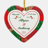 第1回クリスマスカップル結婚したキルトパターンギフト セラミックオーナメント (正面)