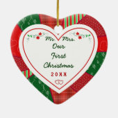 第1回クリスマスカップル結婚したキルトパターンギフト セラミックオーナメント (裏面)