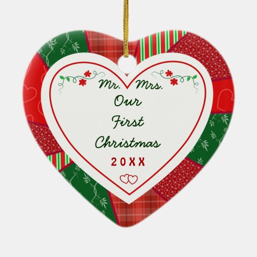 第1回クリスマスカップル結婚したキルトパターンギフト セラミックオーナメント (裏面)