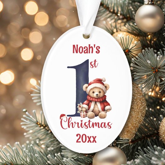 第1回クリスマスキュートなテディベア男の赤ちゃんレッドブルー オーナメント
