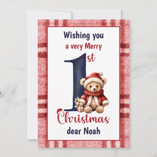 第1回クリスマスキュートなテディベア男の赤ちゃんレッドブルー シーズンカード (正面)