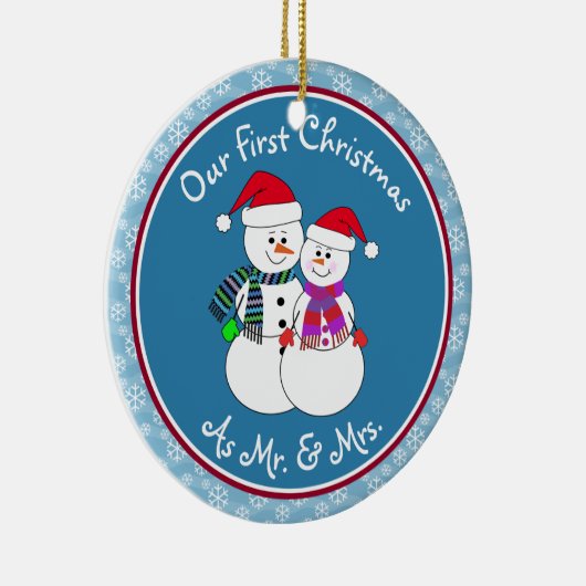 第1回クリスマスギフト結婚したおもしろいスノーカップル セラミックオーナメント (右)