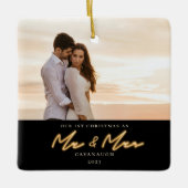 第1回クリスマスネオン結婚したレタリング写真 セラミックオーナメント (正面)