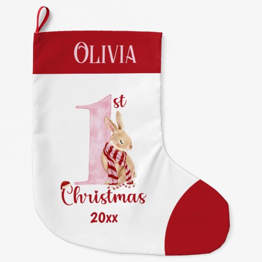 第1回クリスマスバニーベビーガールレッドピンク名 ラージクリスマスストッキング (正面)