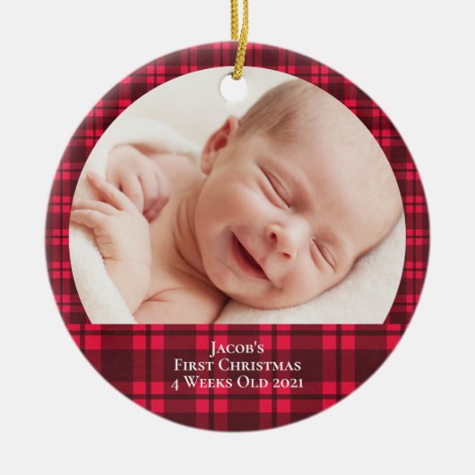 第1回クリスマスプレドの生まれたばかりのベビー写真 セラミックオーナメント (正面)