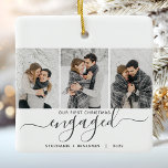 第1回クリスマス婚約した3フォトコラージググレーのスクリプト セラミックオーナメント<br><div class="desc">この美しい記念婚約であなたのモダンオーナメントを記念しなさい。灰色の読文字「私たちの初めてのクリスマス婚約した」と書き込みスクリプトの「婚約した」と前後エレガントに華々しい言葉。3つのサンプル画像を縦お気に入りのの写真に置き換え、名前と年を追加。</div>