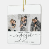 第1回クリスマス婚約した3フォトコラージググレーのスクリプト セラミックオーナメント (左)