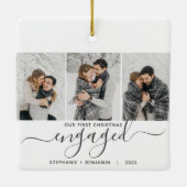 第1回クリスマス婚約した3フォトコラージググレーのスクリプト セラミックオーナメント (裏面)