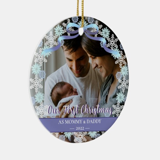 第1回クリスマス生まれたばかりの祖父母ソフトブルー セラミックオーナメント (右)