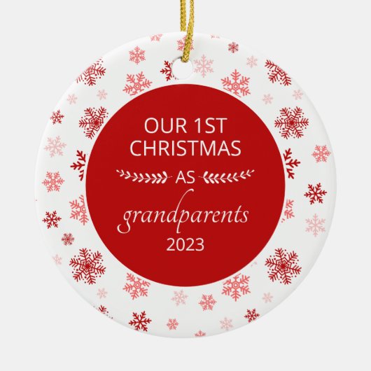 第1回クリスマス祖父母として赤いスノーフレーク写真 セラミックオーナメント (正面)
