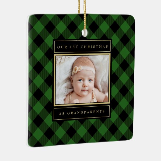 第1回クリスマス祖父母グリーン金ゴールド格子写真 セラミックオーナメント (右)