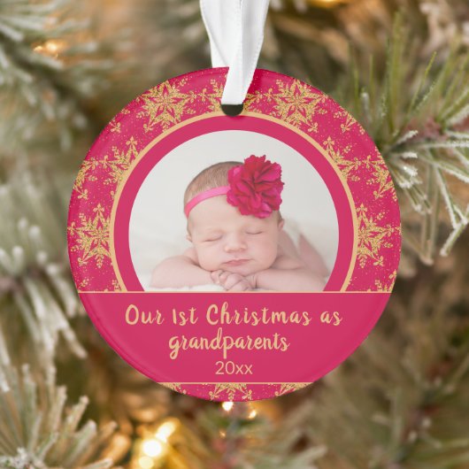 第1回クリスマス祖父母ピンクの金ゴールド写真 オーナメント (ツリー)