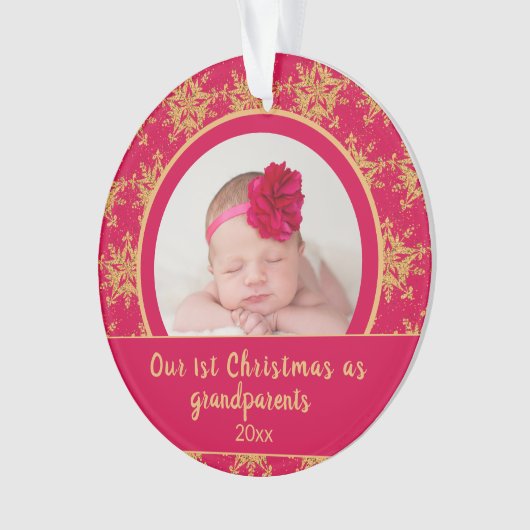 第1回クリスマス祖父母ピンクの金ゴールド写真 オーナメント (正面)