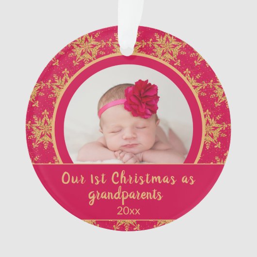第1回クリスマス祖父母ピンクの金ゴールド写真 オーナメント (正面)