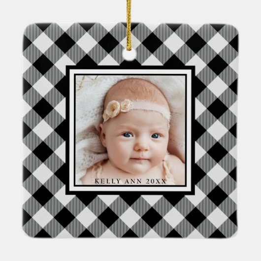 第1回クリスマス祖父母白黒の写真 セラミックオーナメント (裏面)