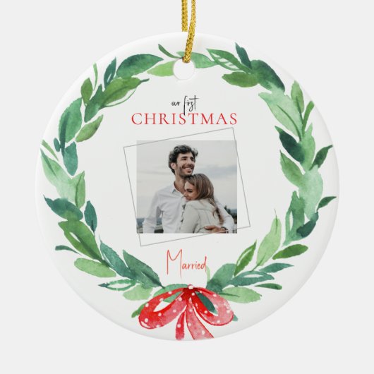 第1回クリスマス結婚したカップル写真 セラミックオーナメント (正面)