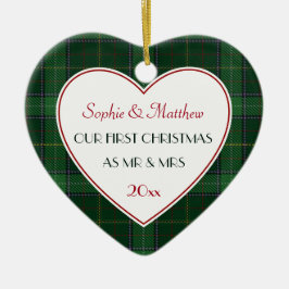 第1回クリスマス結婚したグリーンプレイドギフトハート セラミックオーナメント