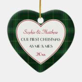 第1回クリスマス結婚したグリーンプレイドギフトハート セラミックオーナメント (裏面)