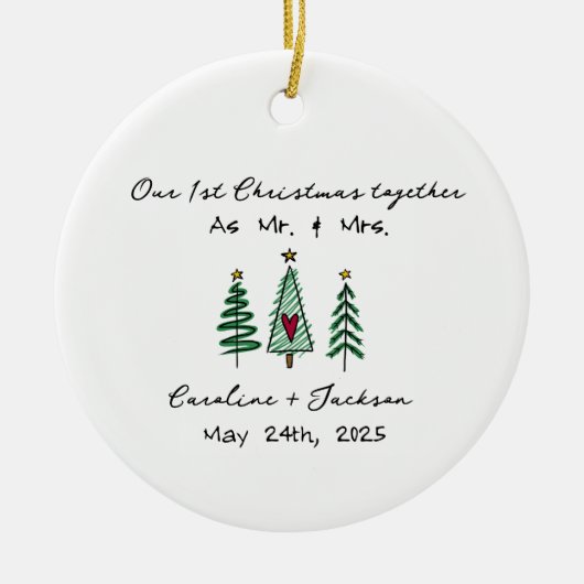 第1回クリスマス結婚したパーソナライズされたオーナメント セラミックオーナメント (正面)
