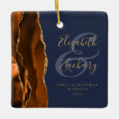 第1回クリスマス結婚した焼けオレンジ瑪瑙ネイビーブルー セラミックオーナメント (正面)