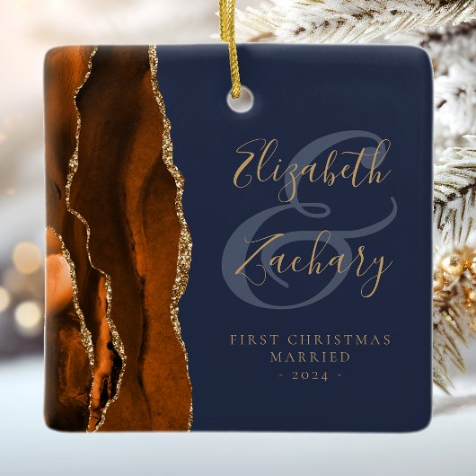 第1回クリスマス結婚した焼けオレンジ瑪瑙ネイビーブルー セラミックオーナメント
