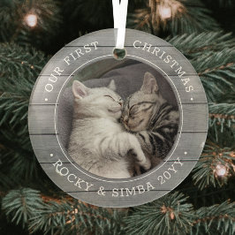 第1回クリスマス2ペット写真グレーフェイクウッド ガラスオーナメント