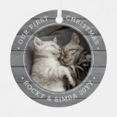 第1回クリスマス2ペット写真グレーフェイクウッド メタルオーナメント (正面)