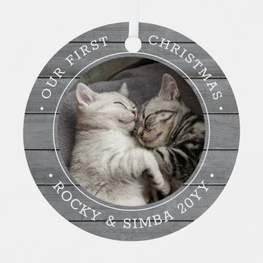 第1回クリスマス2ペット写真グレーフェイクウッド メタルオーナメント