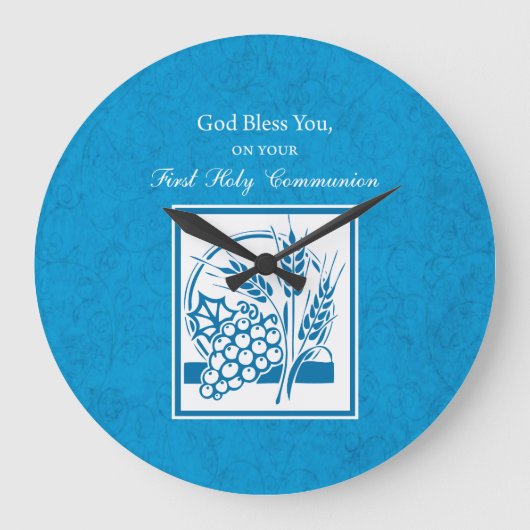 第1回コミュニオン、小麦、ブドウブルー ラージ壁時計 (正面)