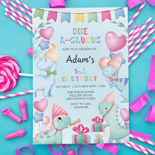 第1回バースデーウォーターカラー恐竜、ライトブルー 招待状