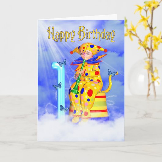 第1回バースデーカード – かわいい小さなピクシーピエロ カード (黄色い花)