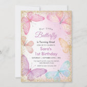 第1回バースデーガールグリッターバタフカラフルロー 招待状 (正面)
